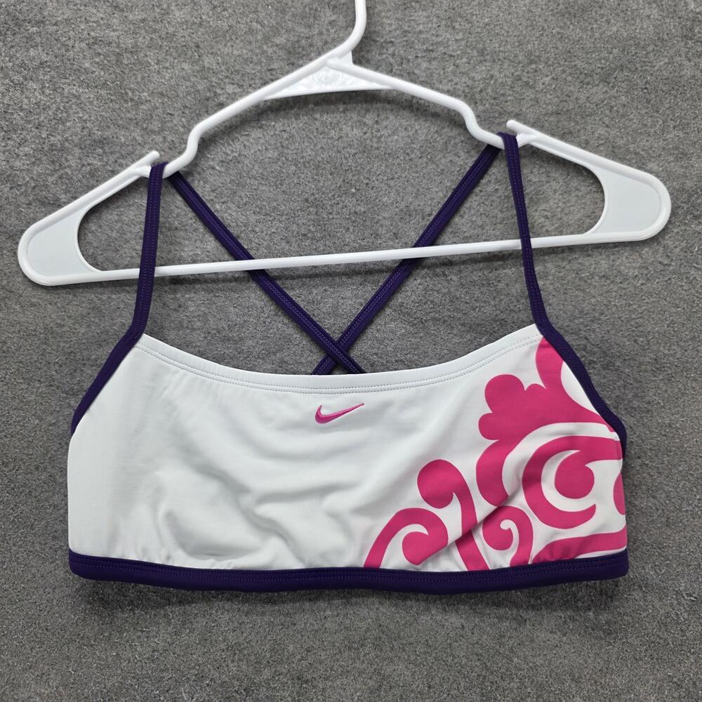 Nike Swim Top Womens 10 White Pink Geometric Crossback Lined Strappy Swimwear